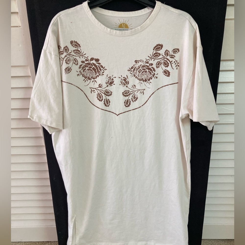 Women’s Cream & Floral Western Boho  Rodeo T-Shirt Dress